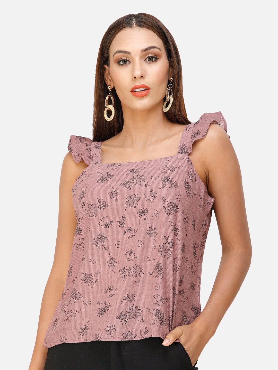 

DECHEN Floral Print Ruffles Casual Top, Pink