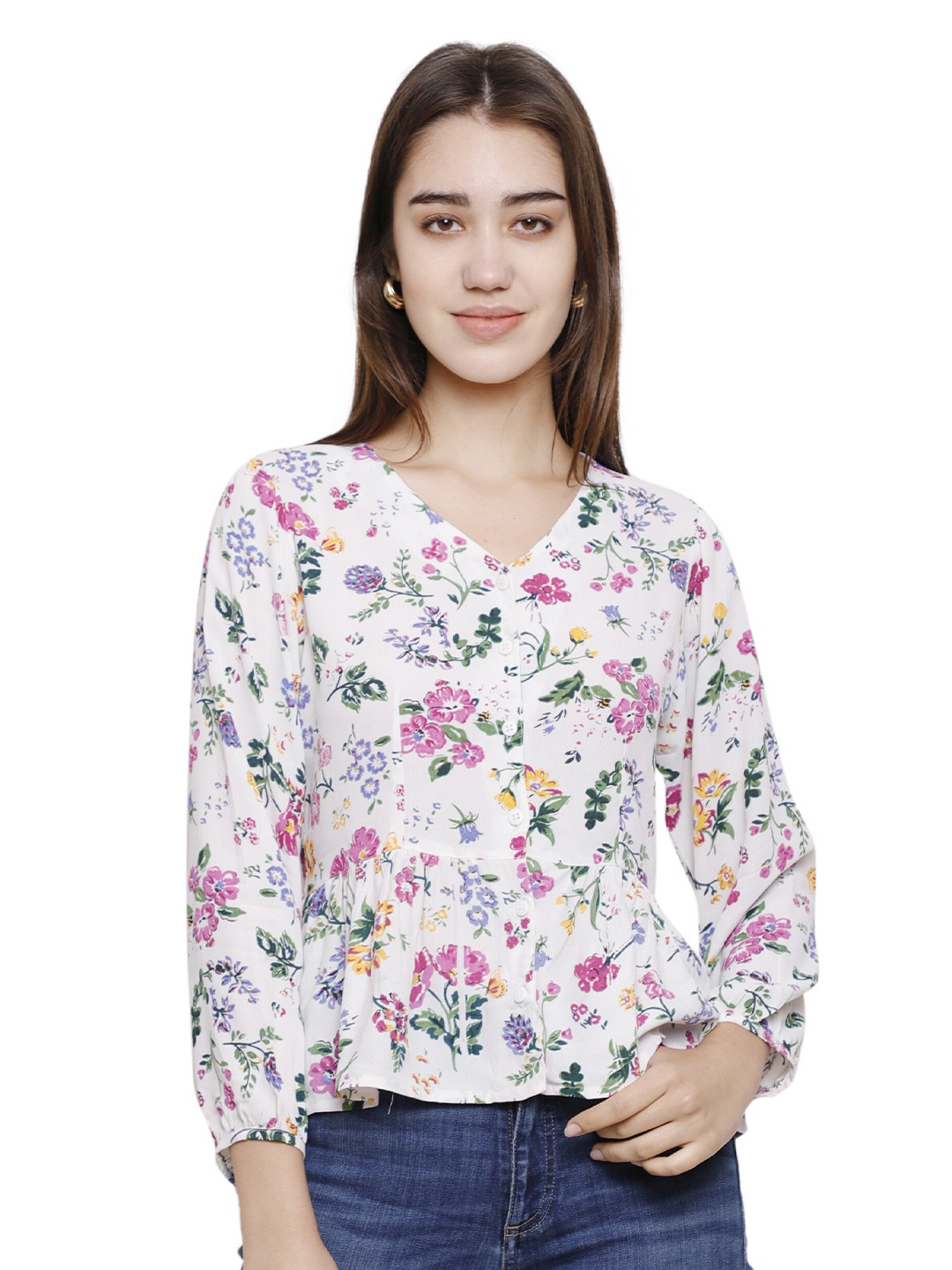 

DECHEN Floral Print Casual Top, White
