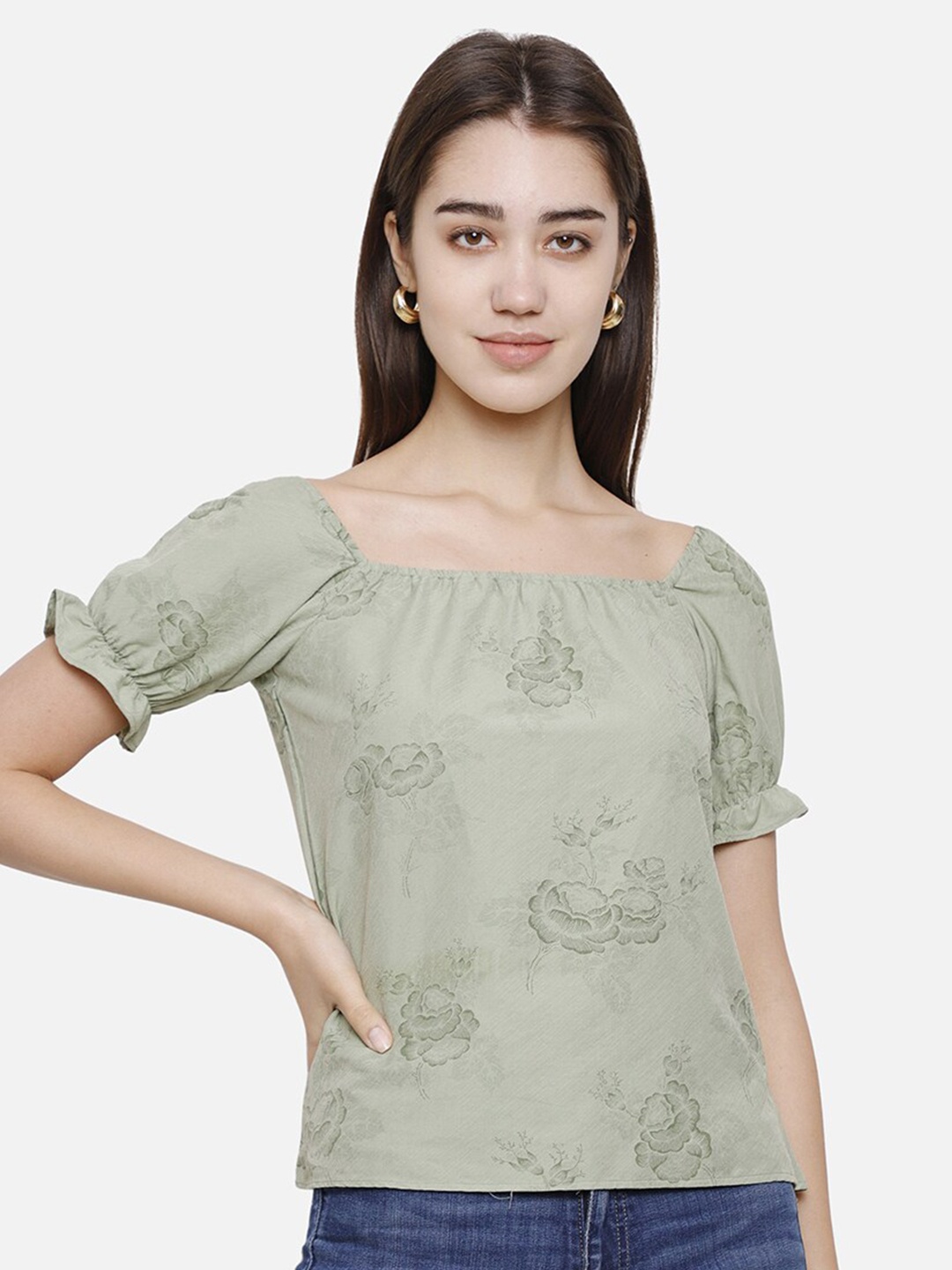 

DECHEN Floral Print Bardot Casual Top, Green