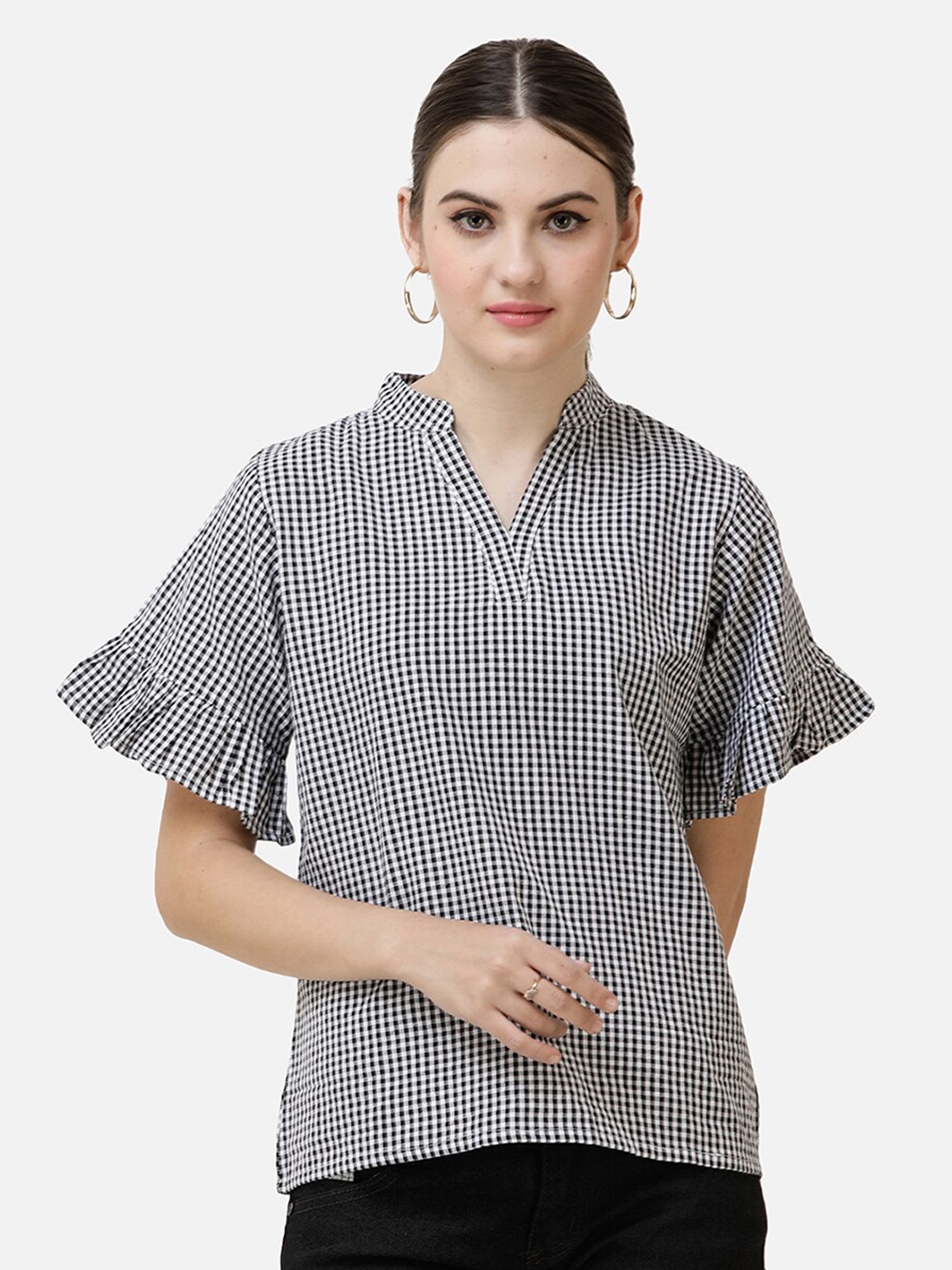 

DECHEN Pure Cotton Checked Mandarin Collar Top, Black