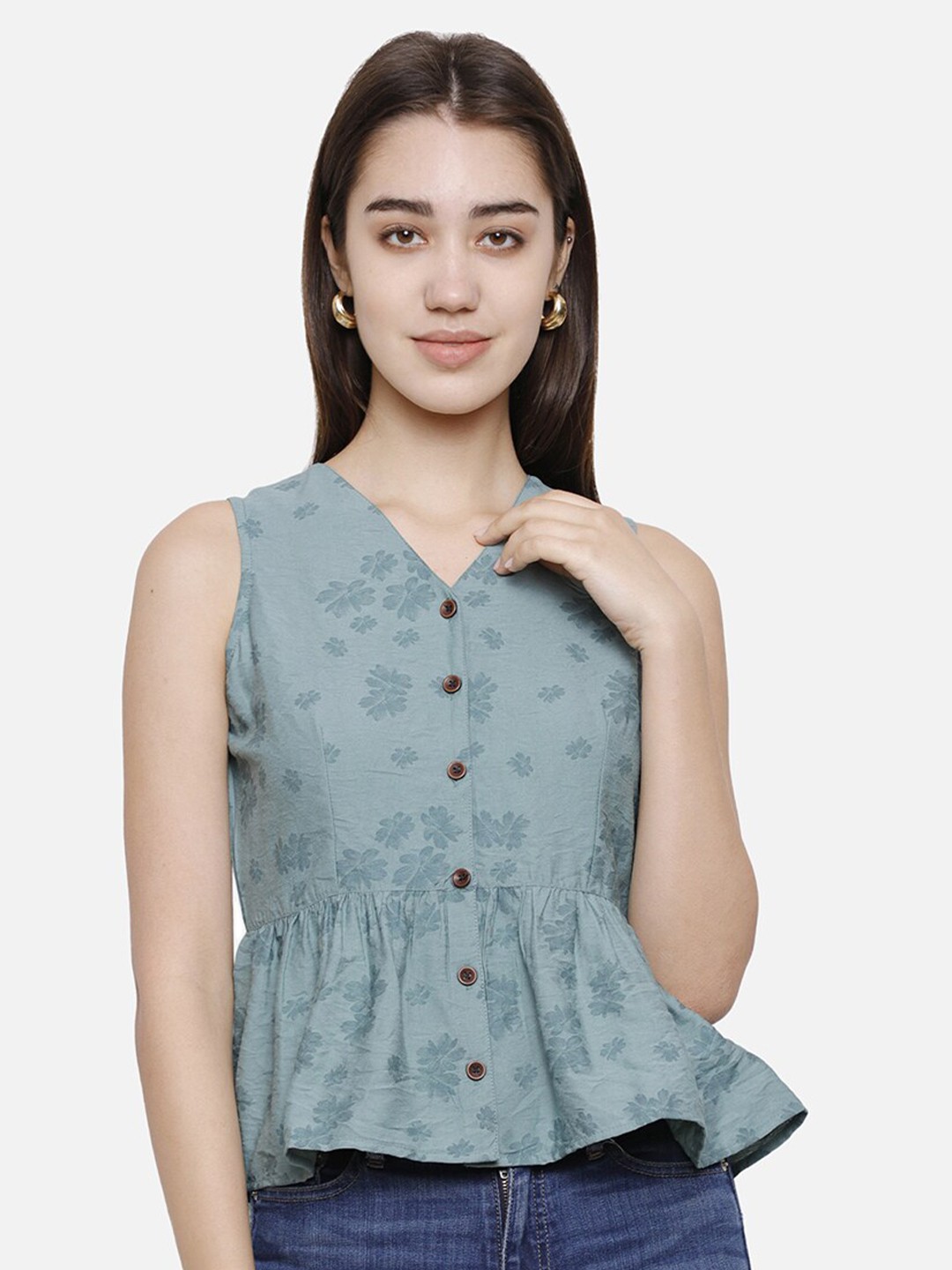 

DECHEN Floral Peplum Casual Top, Green