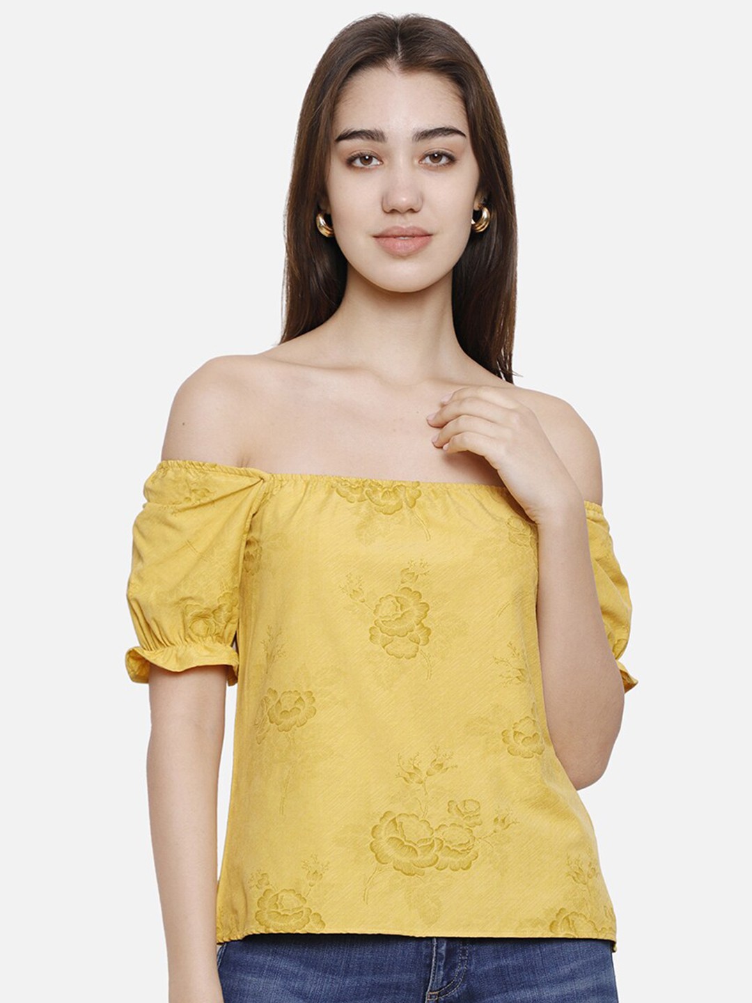 

DECHEN Floral Print Off-Shoulder Bardot Top, Yellow