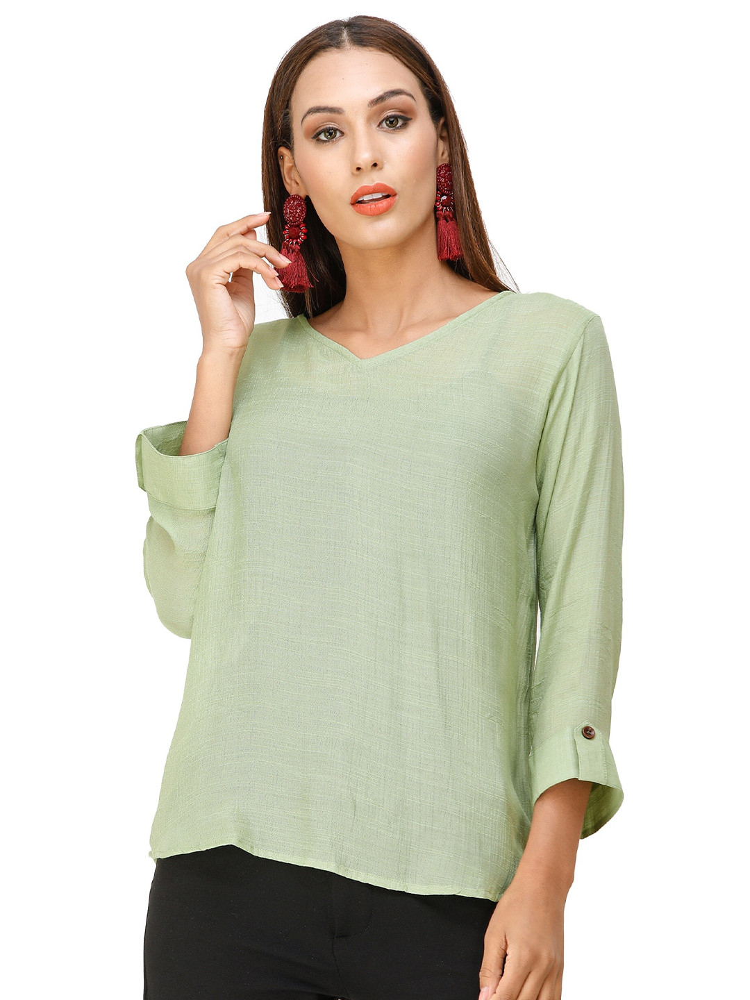 

DECHEN Roll-Up Sleeves Casual Top, Green