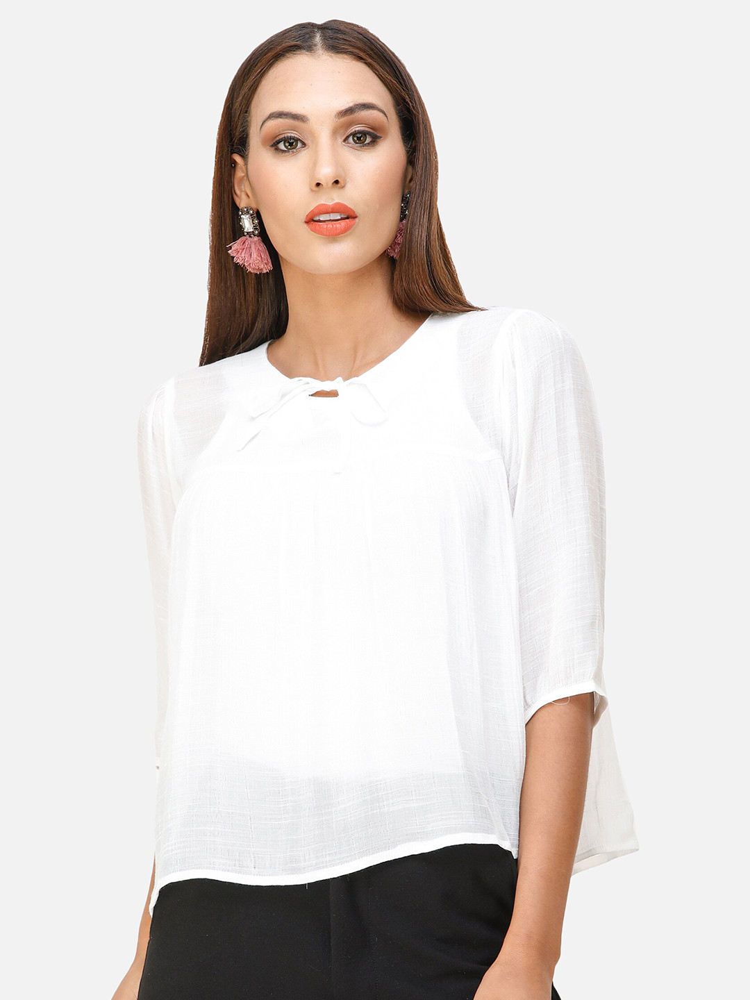 

DECHEN Tie-Up Neck Casual Top, White