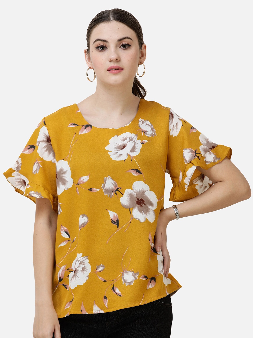 

DECHEN Mustard Floral Print Casual Top