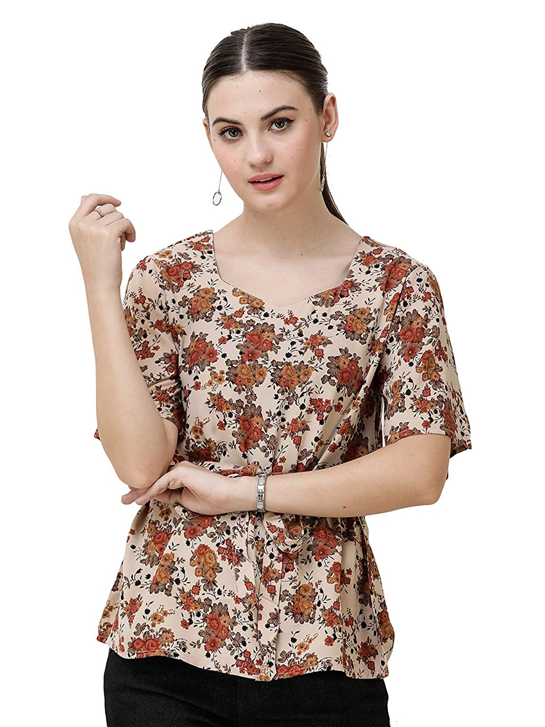 

DECHEN Floral Print Blouson Casual Top, Beige