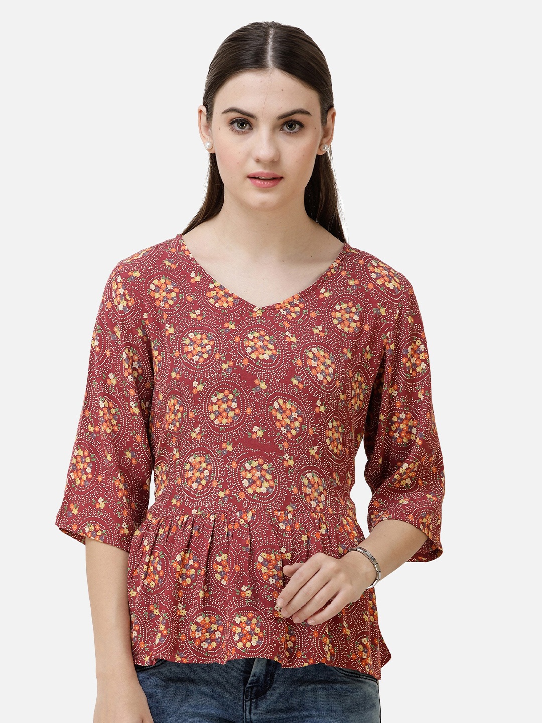 

DECHEN Floral Print Peplum Casual Top, Red