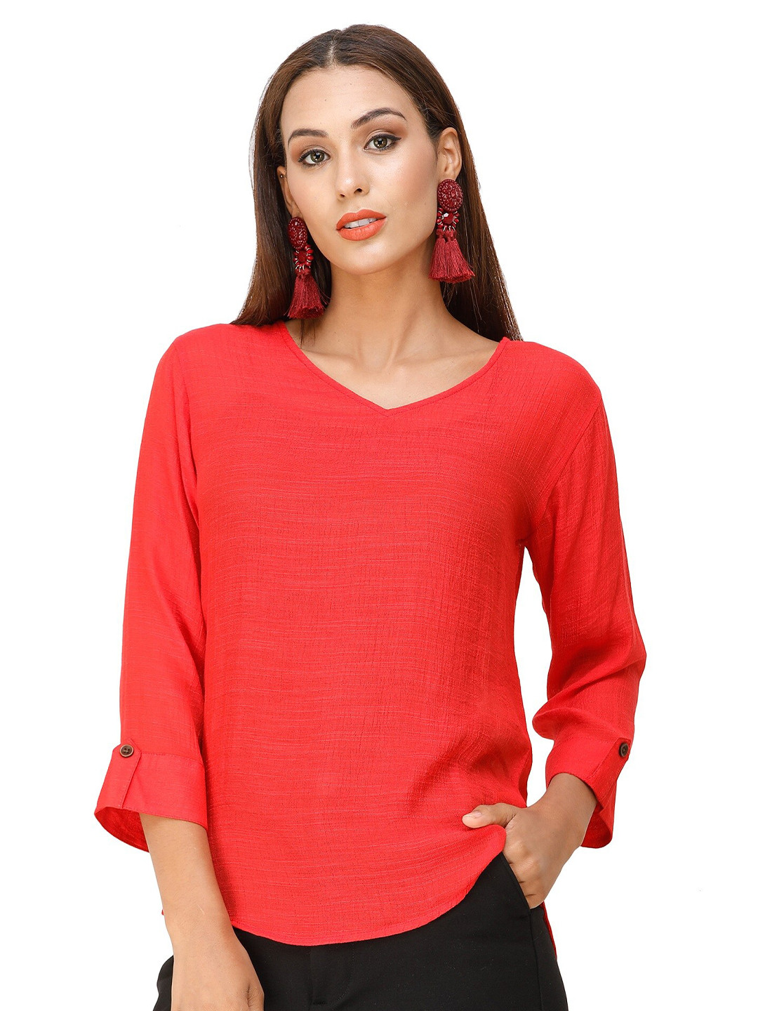 

DECHEN V- Neck Casual Top, Red