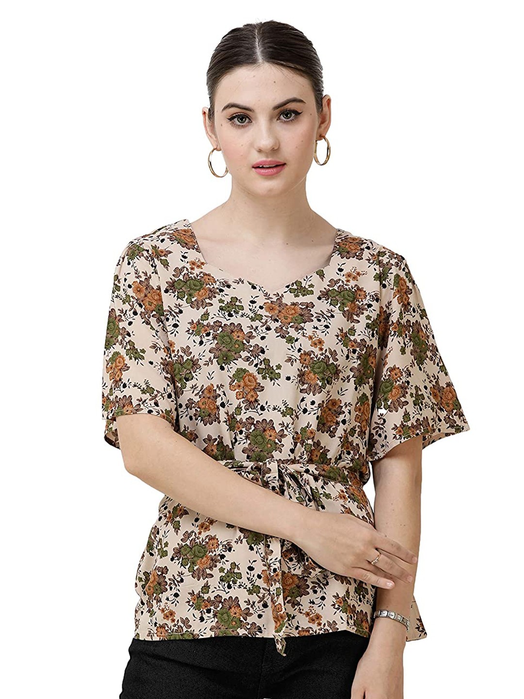 

DECHEN Floral Print Top, Cream