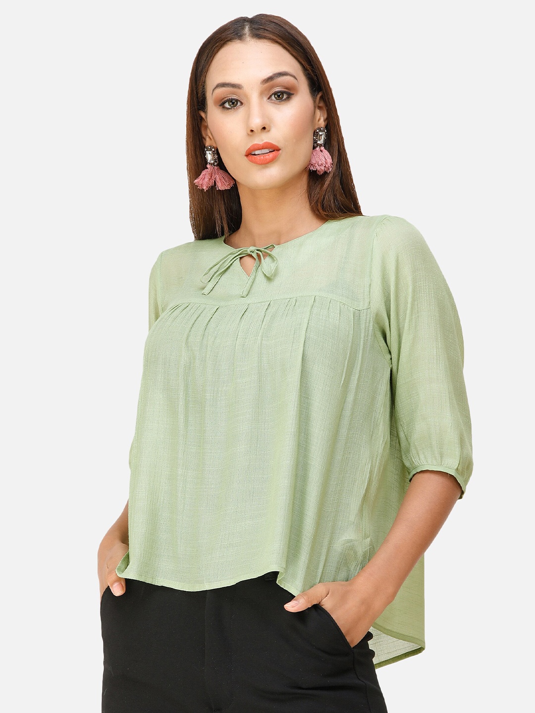 

DECHEN Tie-Up Neck Empire Top, Sea green