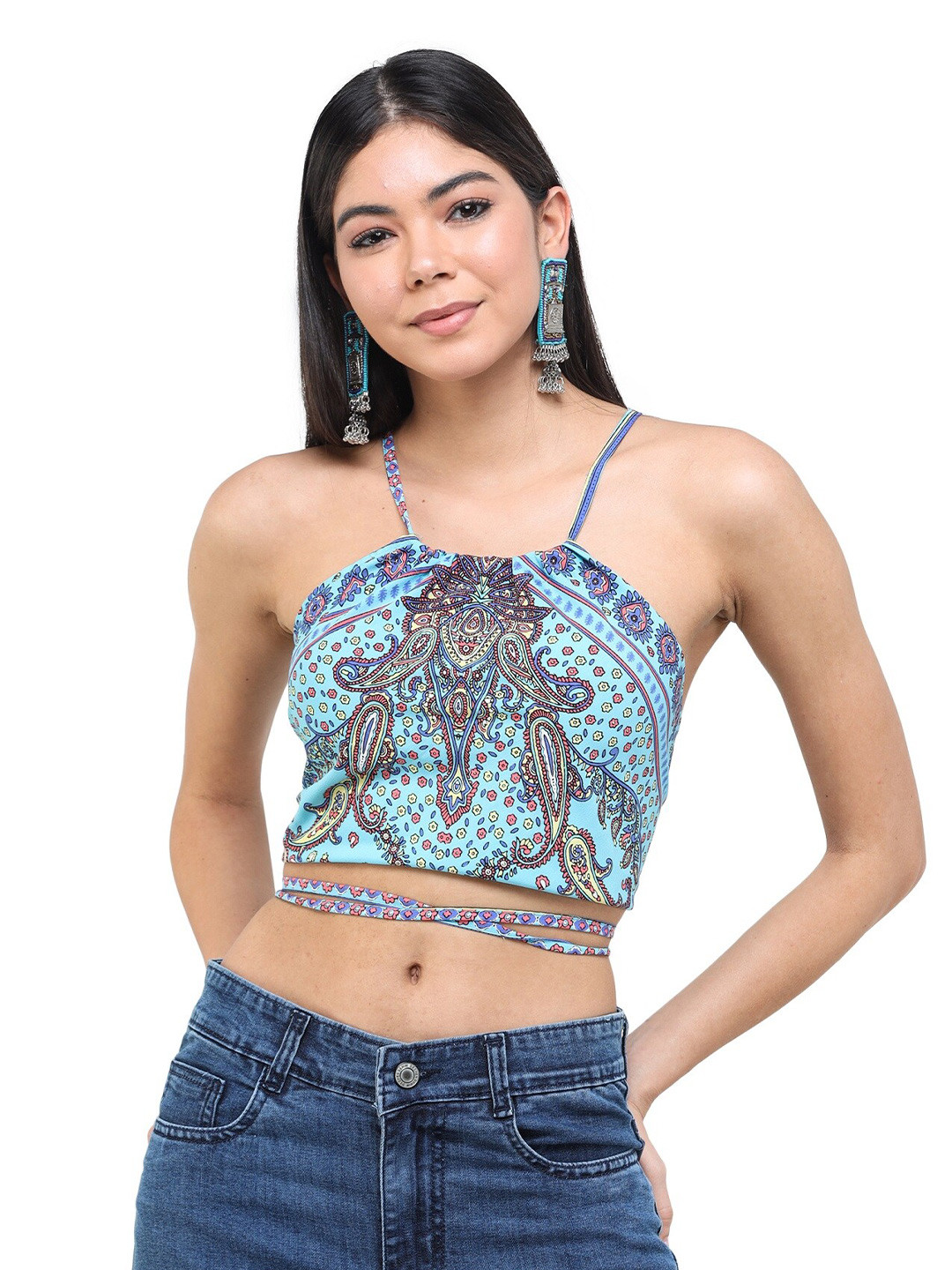 

DECHEN Print Styled Back Crop Top, Turquoise blue