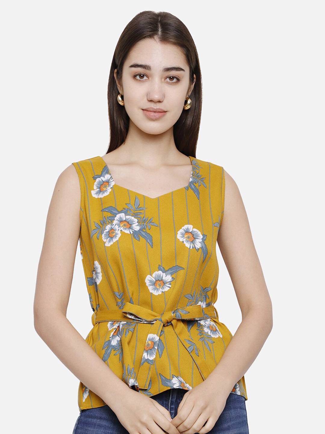 

DECHEN Floral Print Sweetheart Neck Cinched Waist Top, Mustard