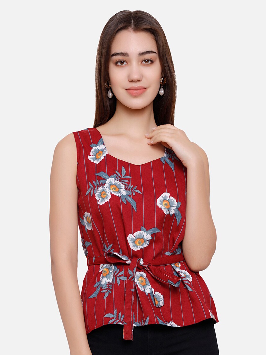 

DECHEN Floral Print Cinched Waist Top, Maroon