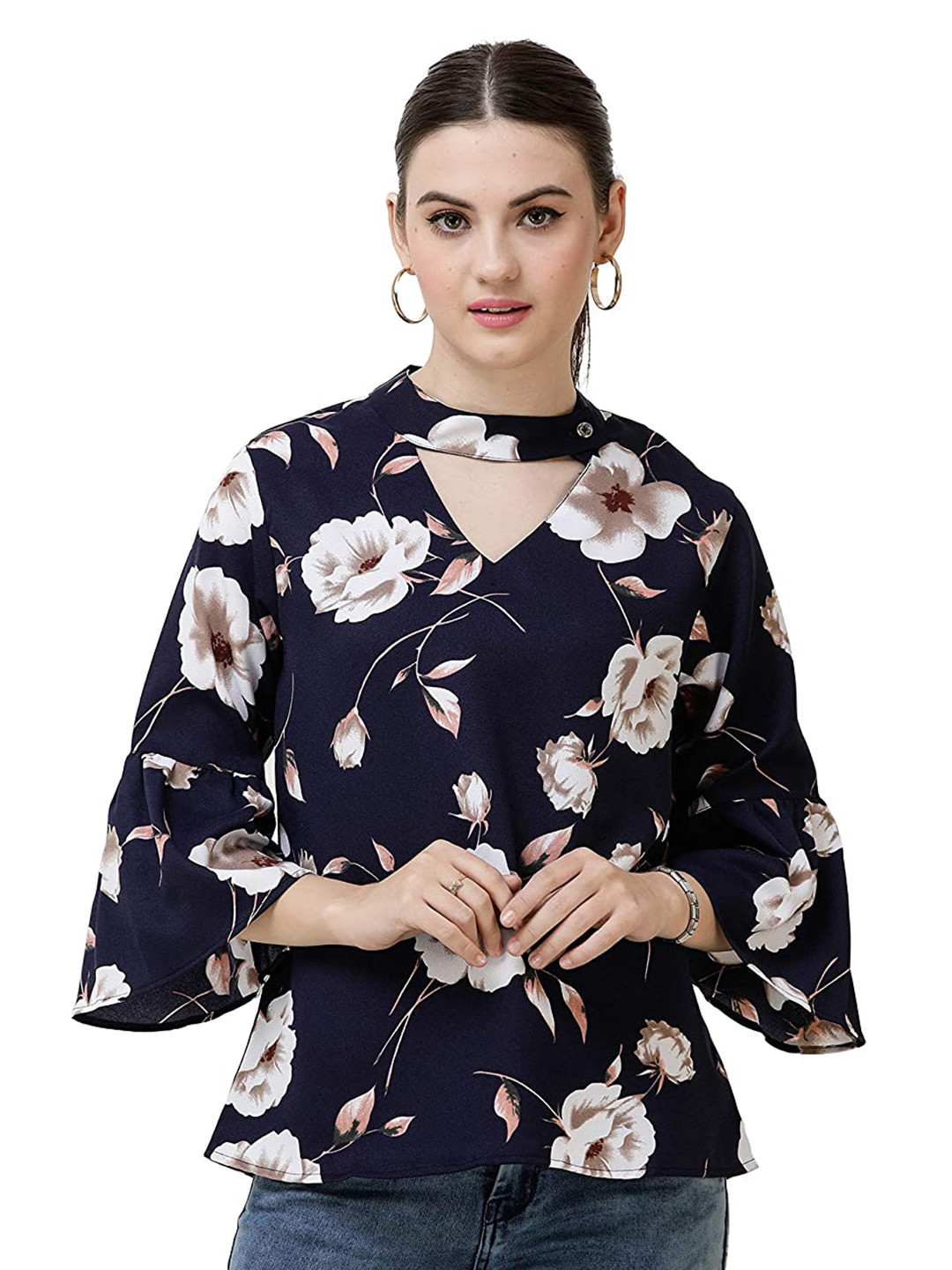 

DECHEN Floral Print Choker Neck Top, Navy blue