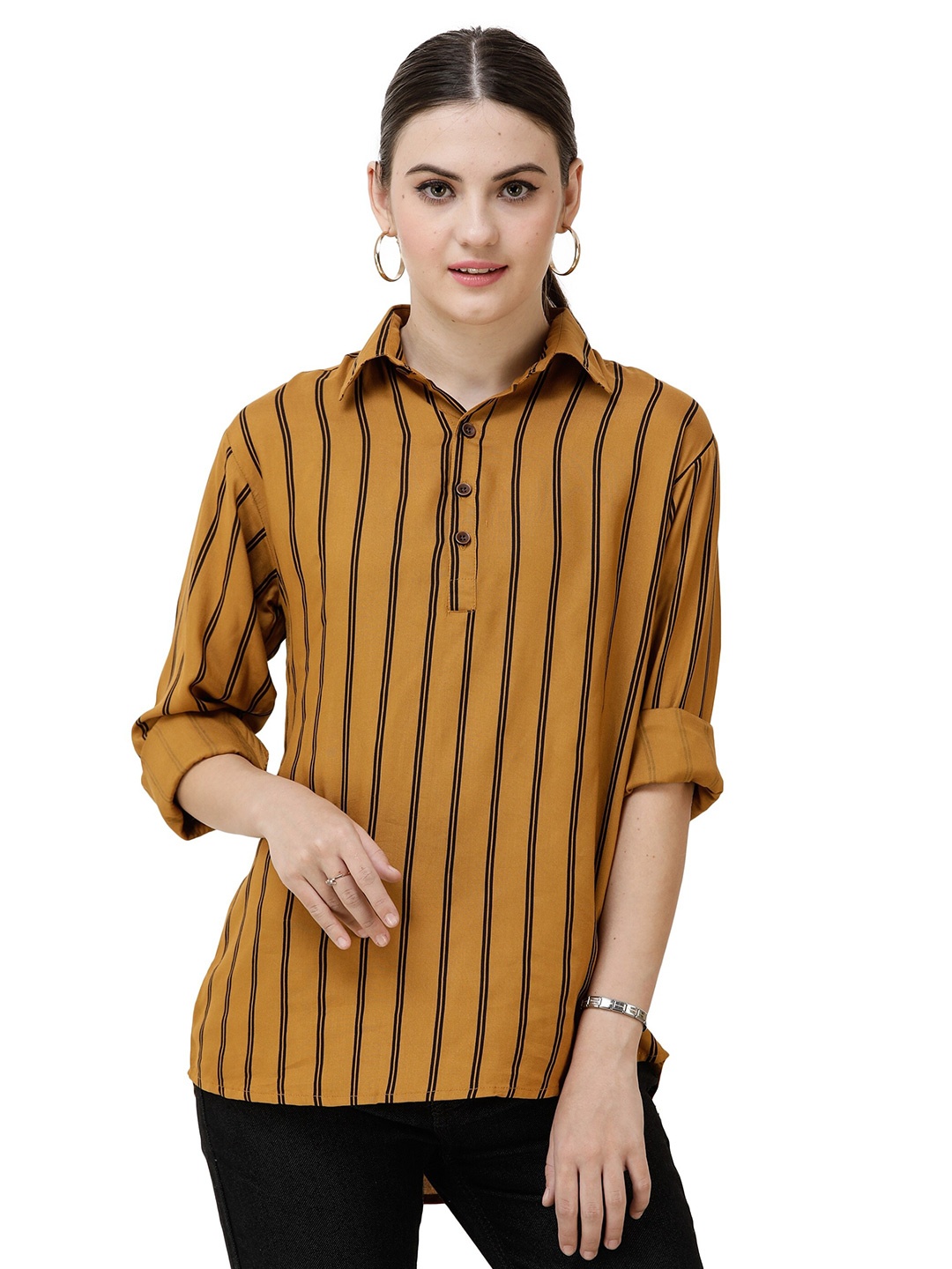 

DECHEN Striped Shirt Style Top, Mustard