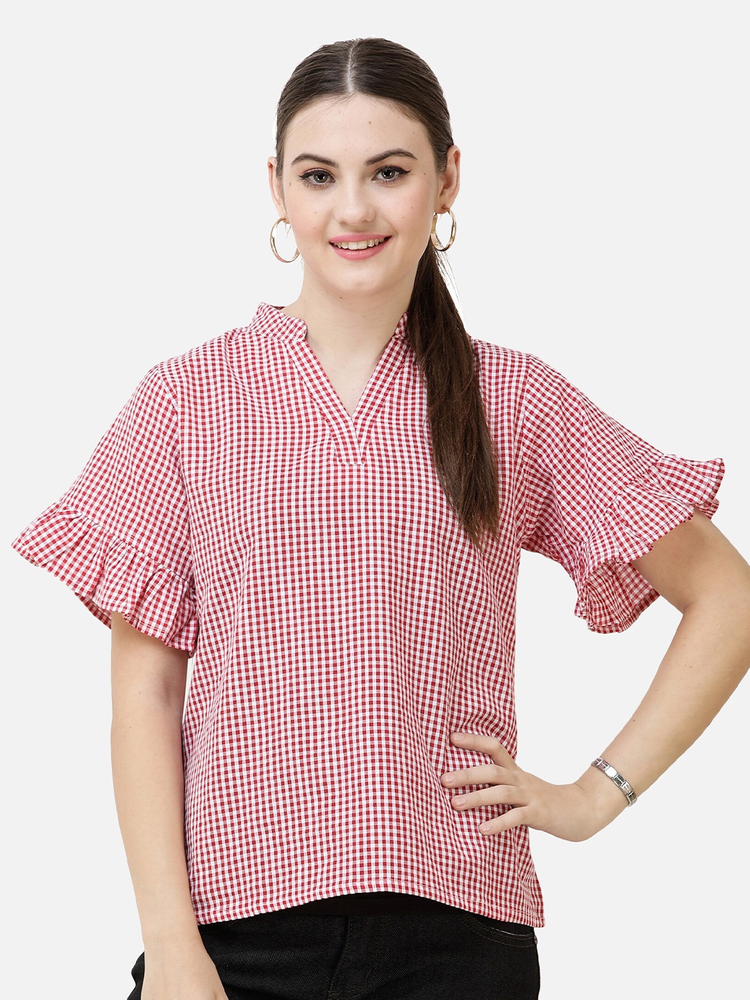 

DECHEN Checked Mandarin Collar Pure Cotton Top, Pink