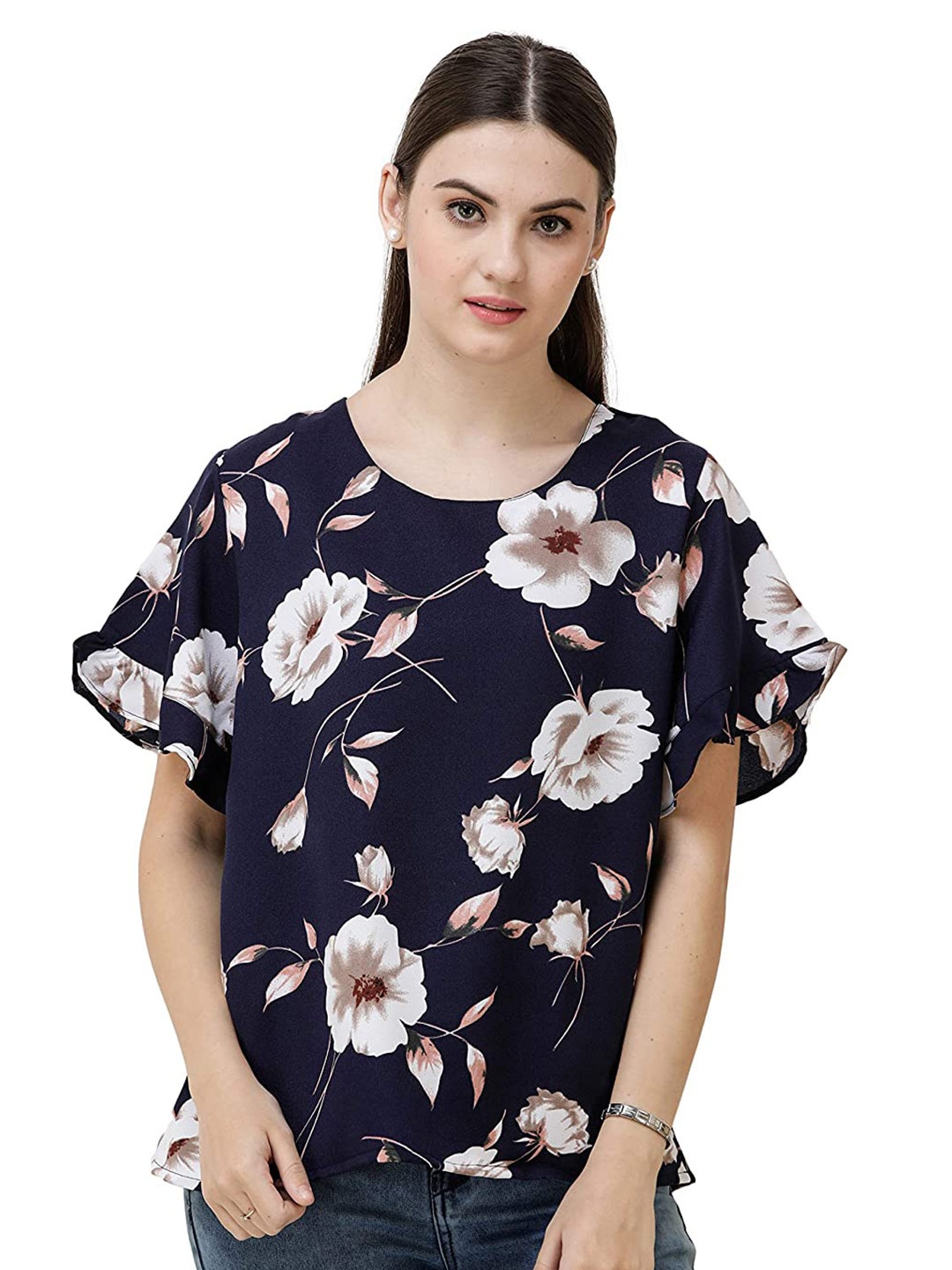 

DECHEN Floral Print Top, Navy blue