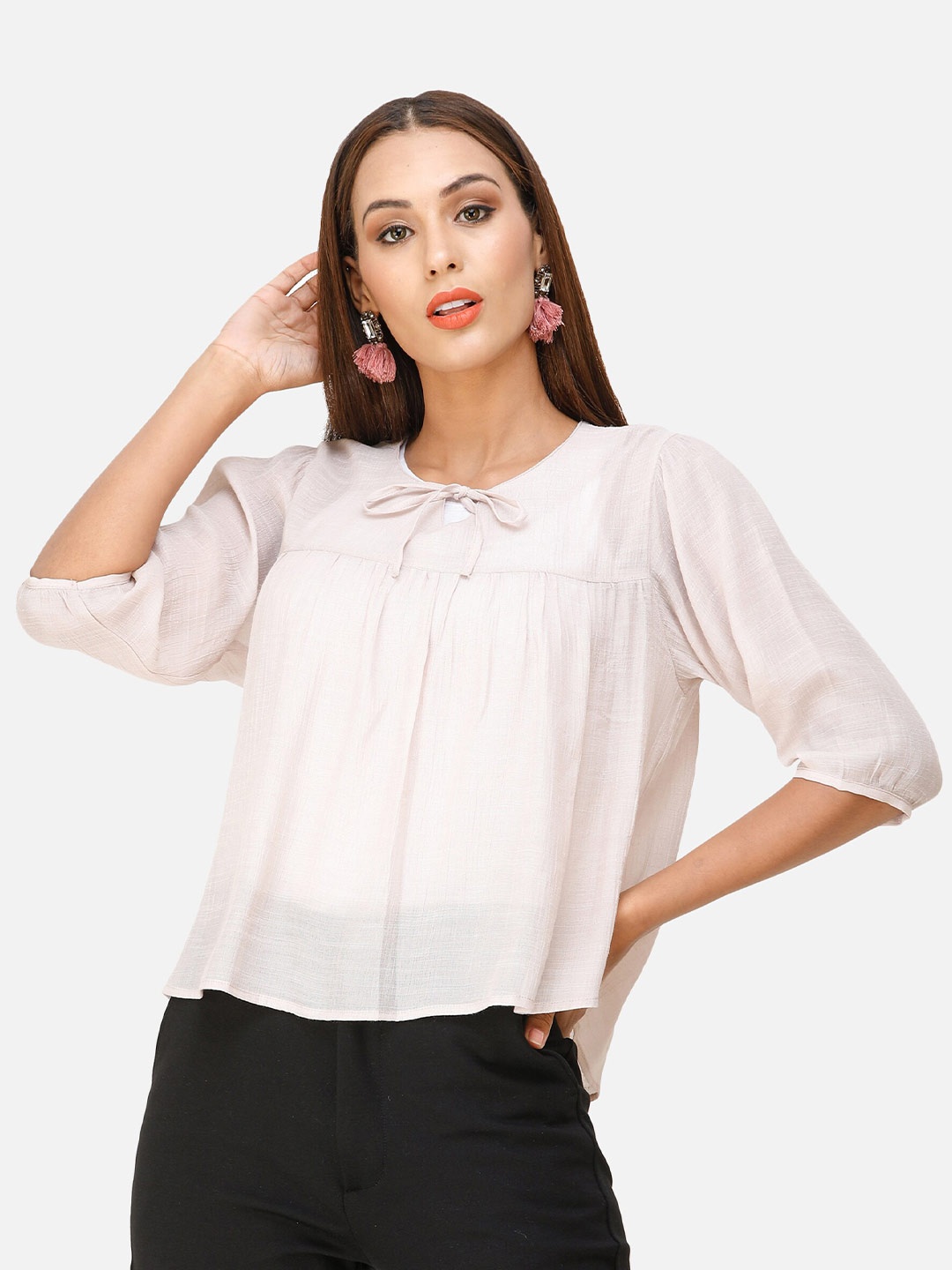

DECHEN Beige Tie-Up Neck Top