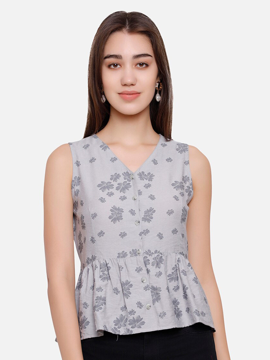 

DECHEN Floral Print Peplum Top, Grey