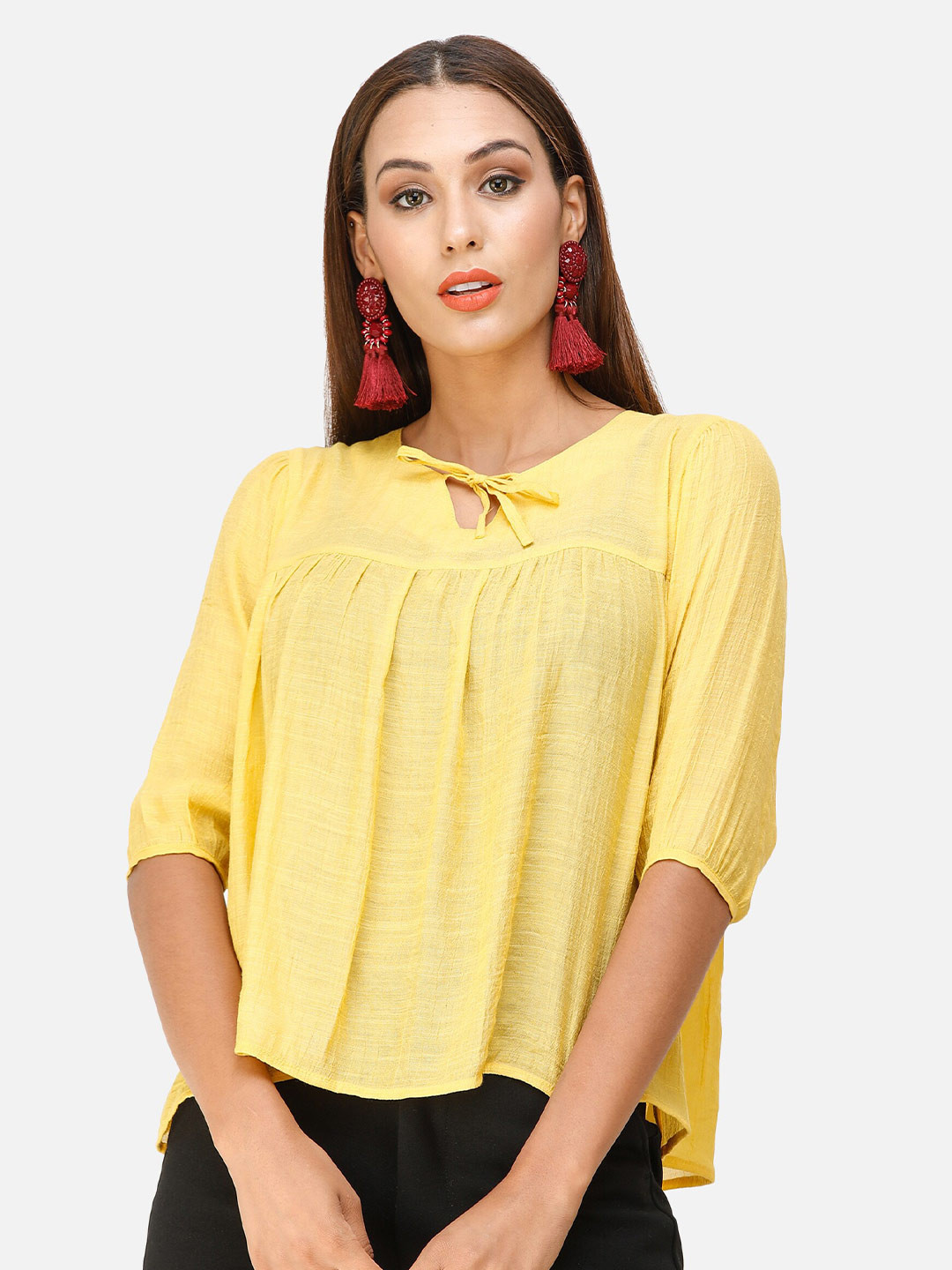

DECHEN Tie-Up Neck Empire Top, Yellow