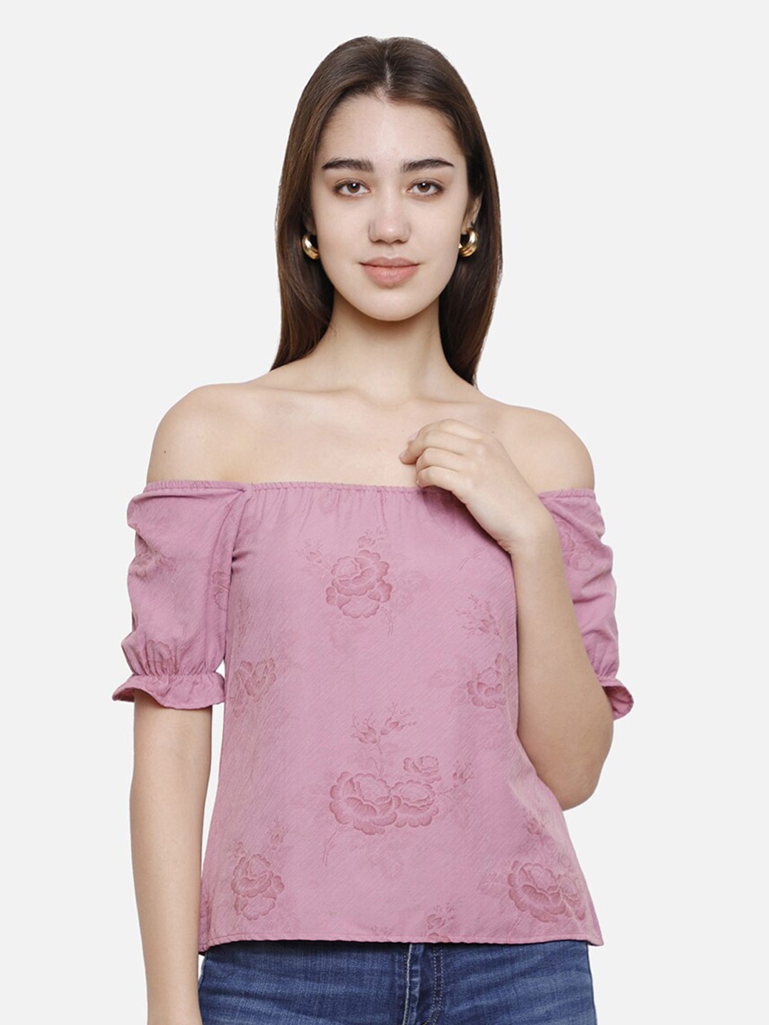 

DECHEN Floral Print Off-Shoulder Bardot Top, Lavender