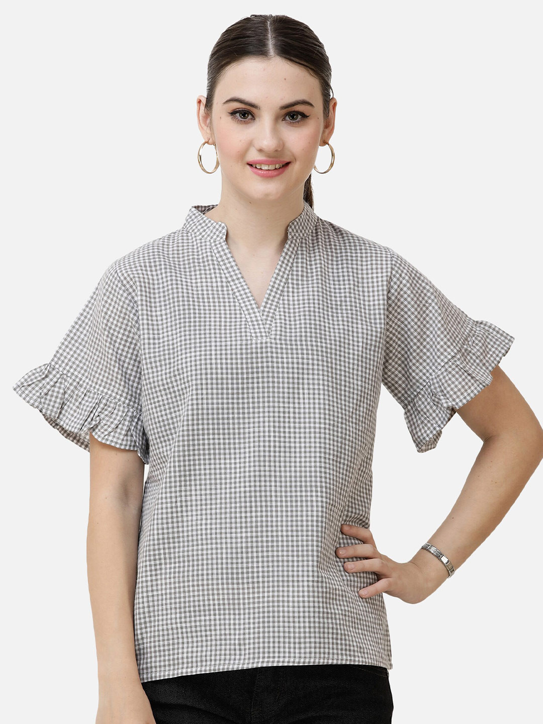 

DECHEN Checked Mandarin Collar Pure Cotton Top, Grey