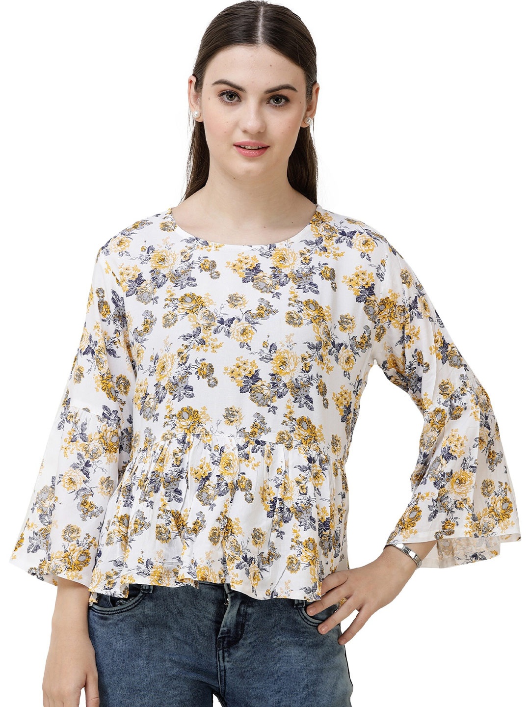 

DECHEN Floral Print Peplum Top, White