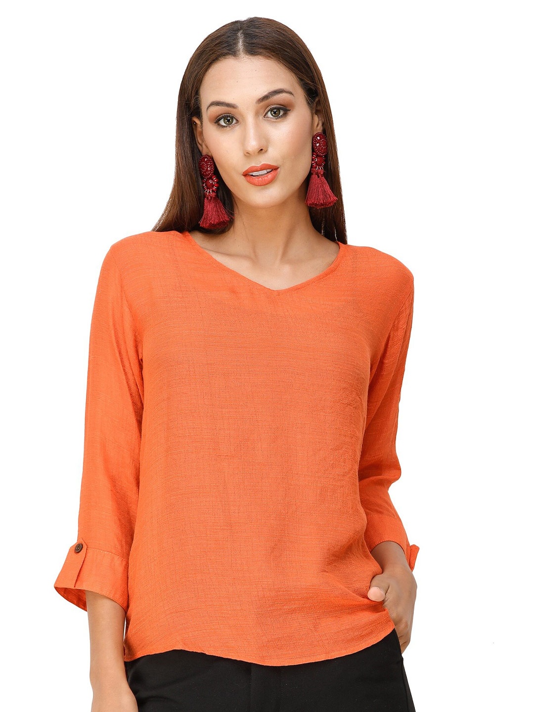 

DECHEN Roll-Up Sleeves Top, Orange