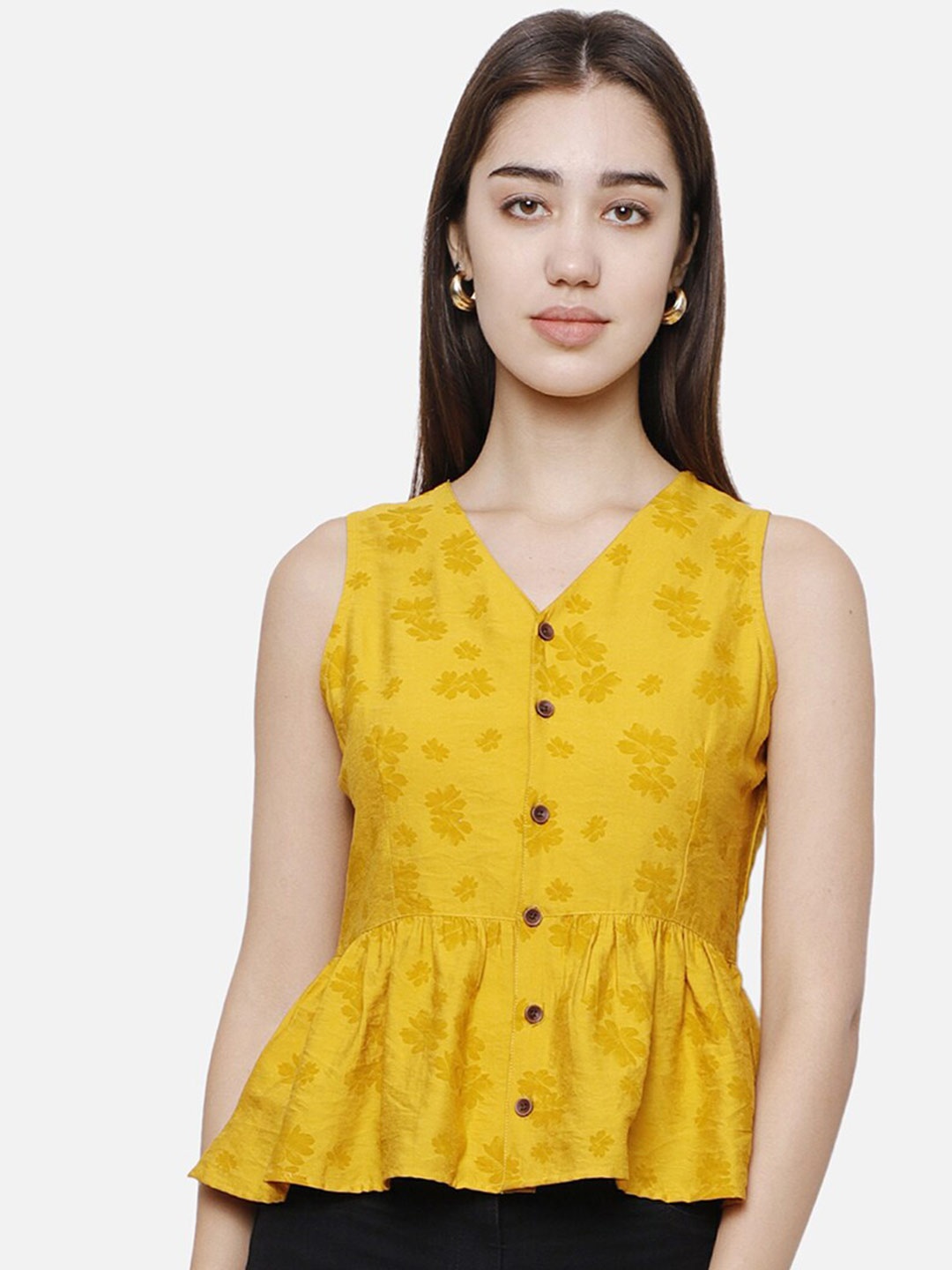 

DECHEN Floral Print Peplum Top, Yellow