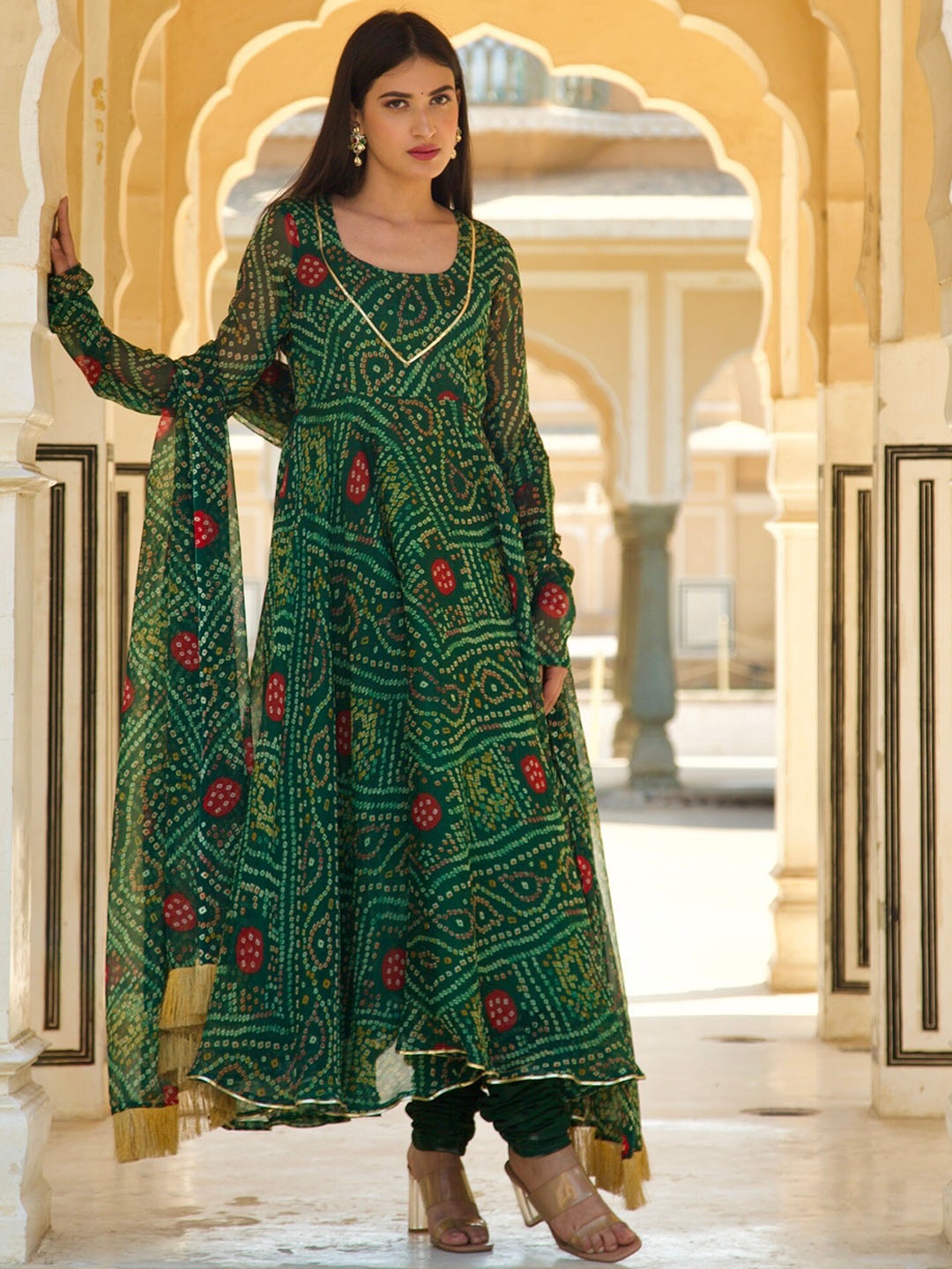 

OneWe Women Bandhani Printed Empire Kurta with Churidar & Dupatta, Green