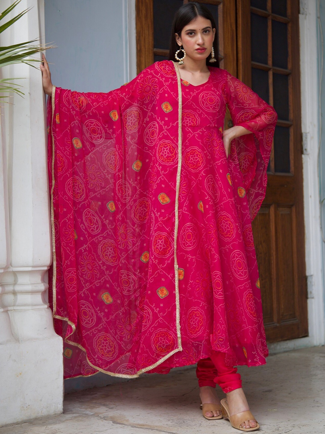 

OneWe Women Bandhani Printed Pleated Kurta with Churidar & Dupatta, Pink