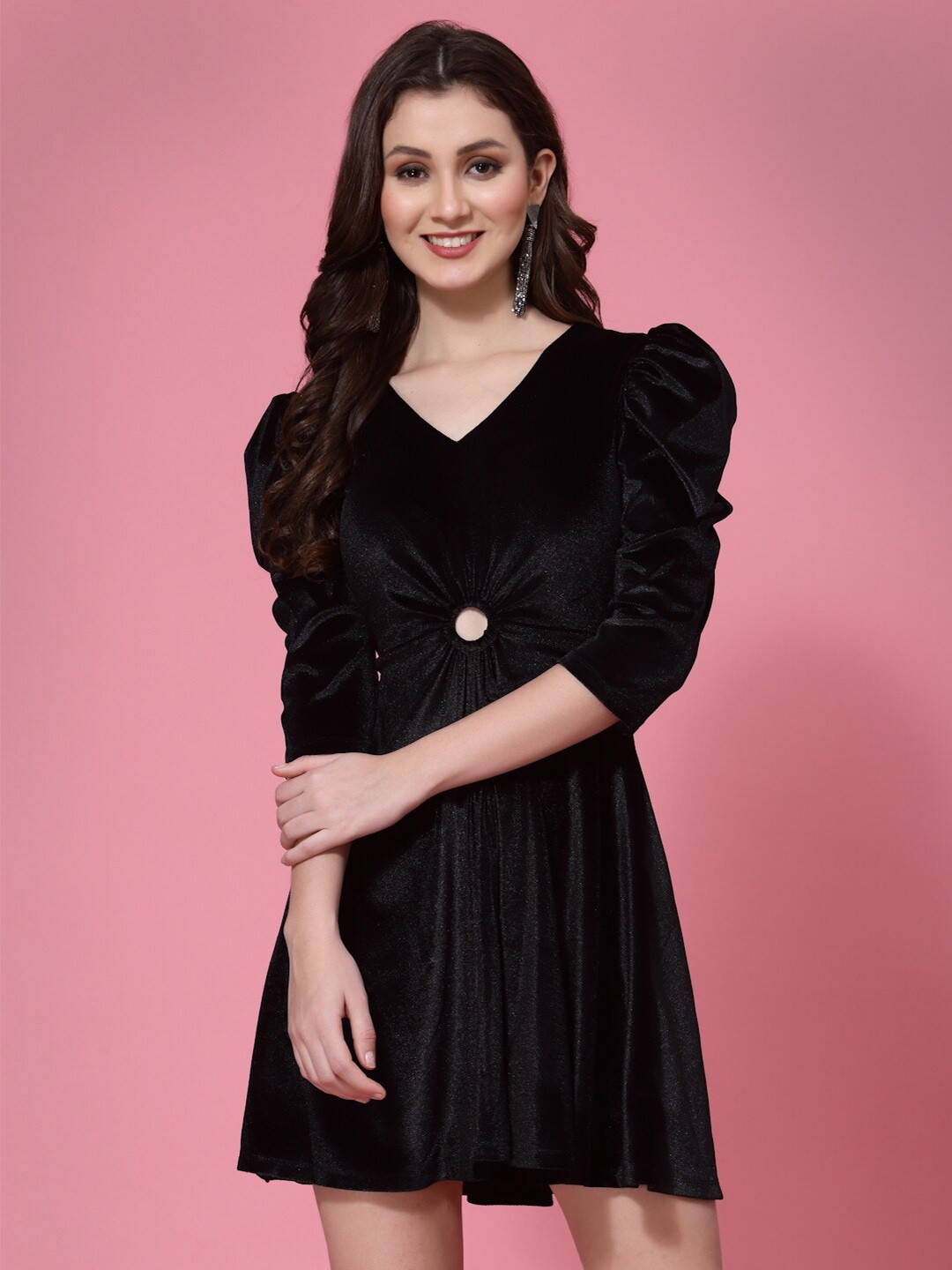 

KASSUALLY Front Waist Ring Design Velvet A-Line Dress, Black