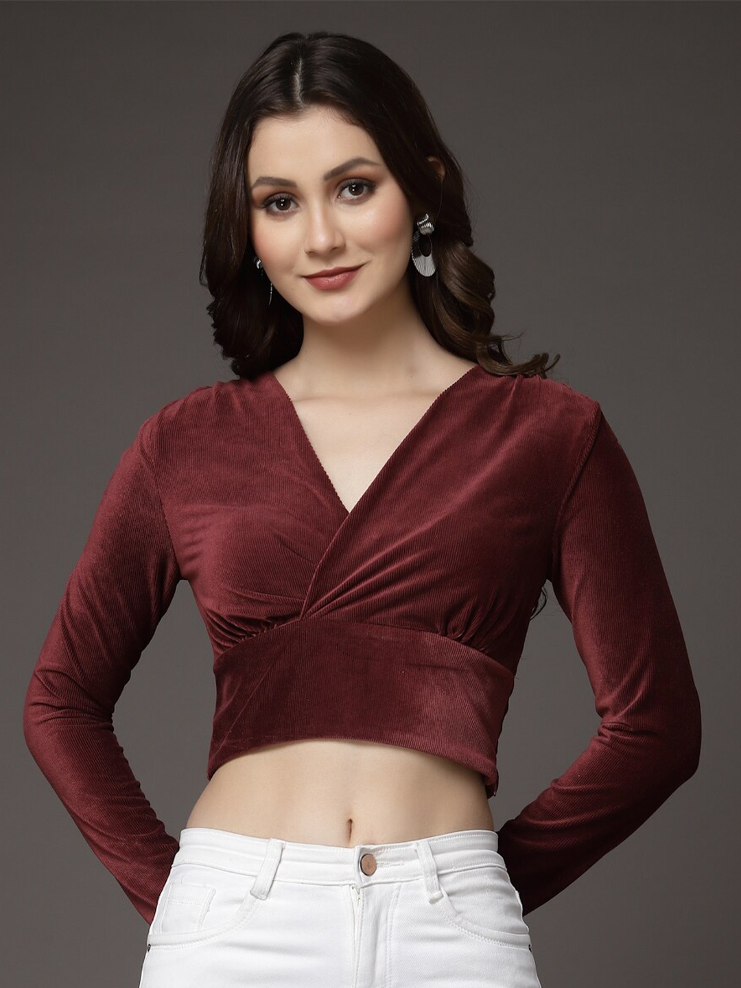 

KASSUALLY Velvet Wrap Crop Top, Maroon