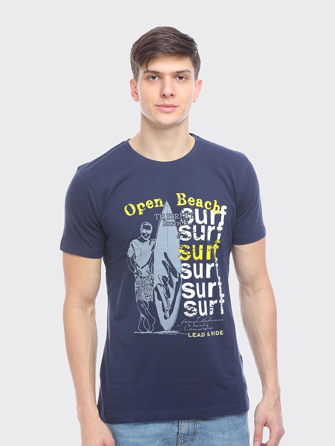 

LEAD & RIDE Men Navy Blue Sports Printed Cotton T-shirt