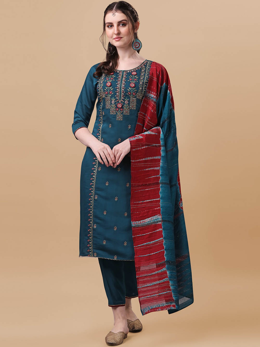 

Berrylicious Women Teal Floral Embroidered Thread Work Chanderi Cotton Kurta with Trousers & With Dupatta