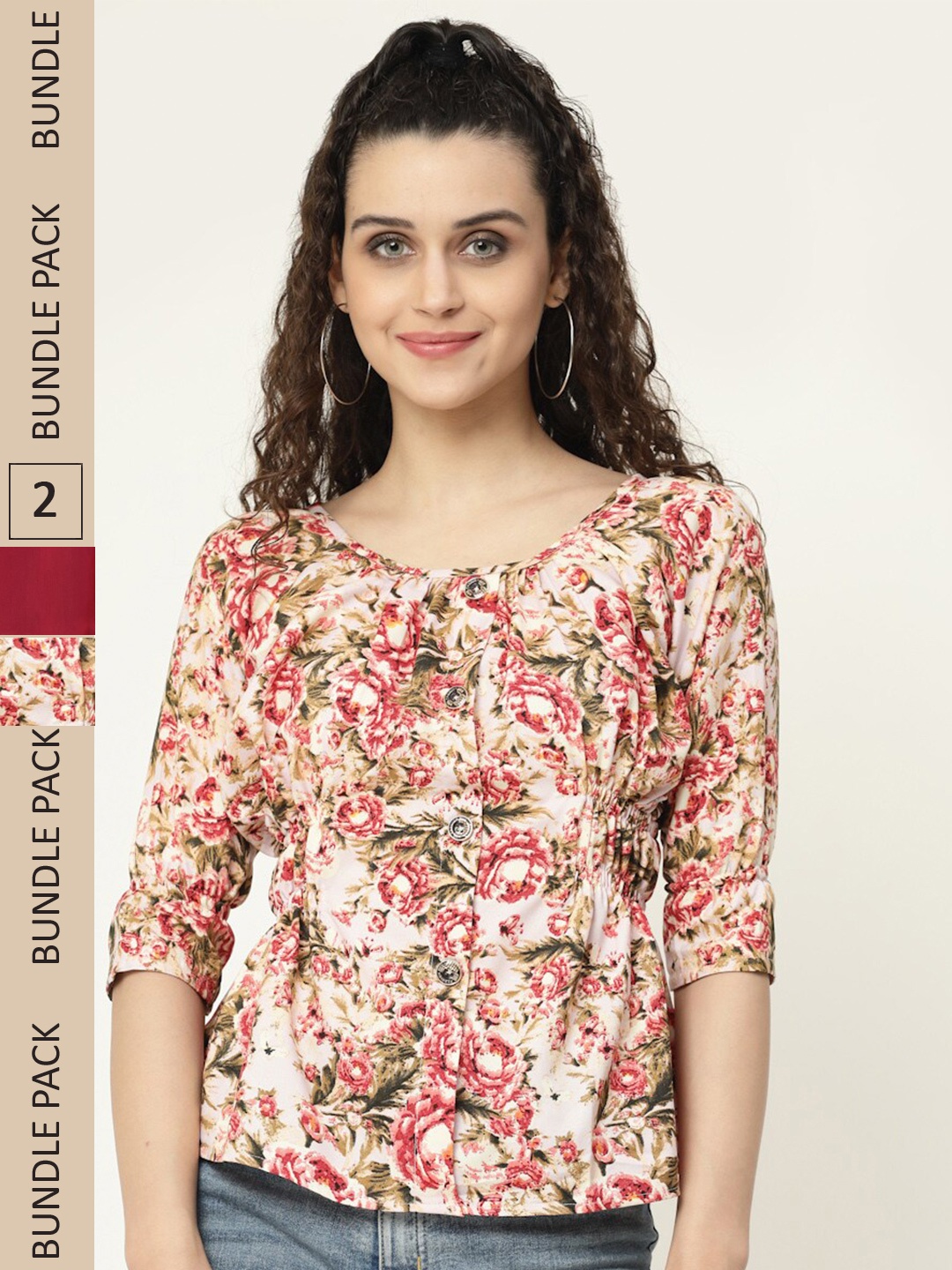 

MISS AYSE Pack of 2 Floral Printed Georgette Tops, Cream