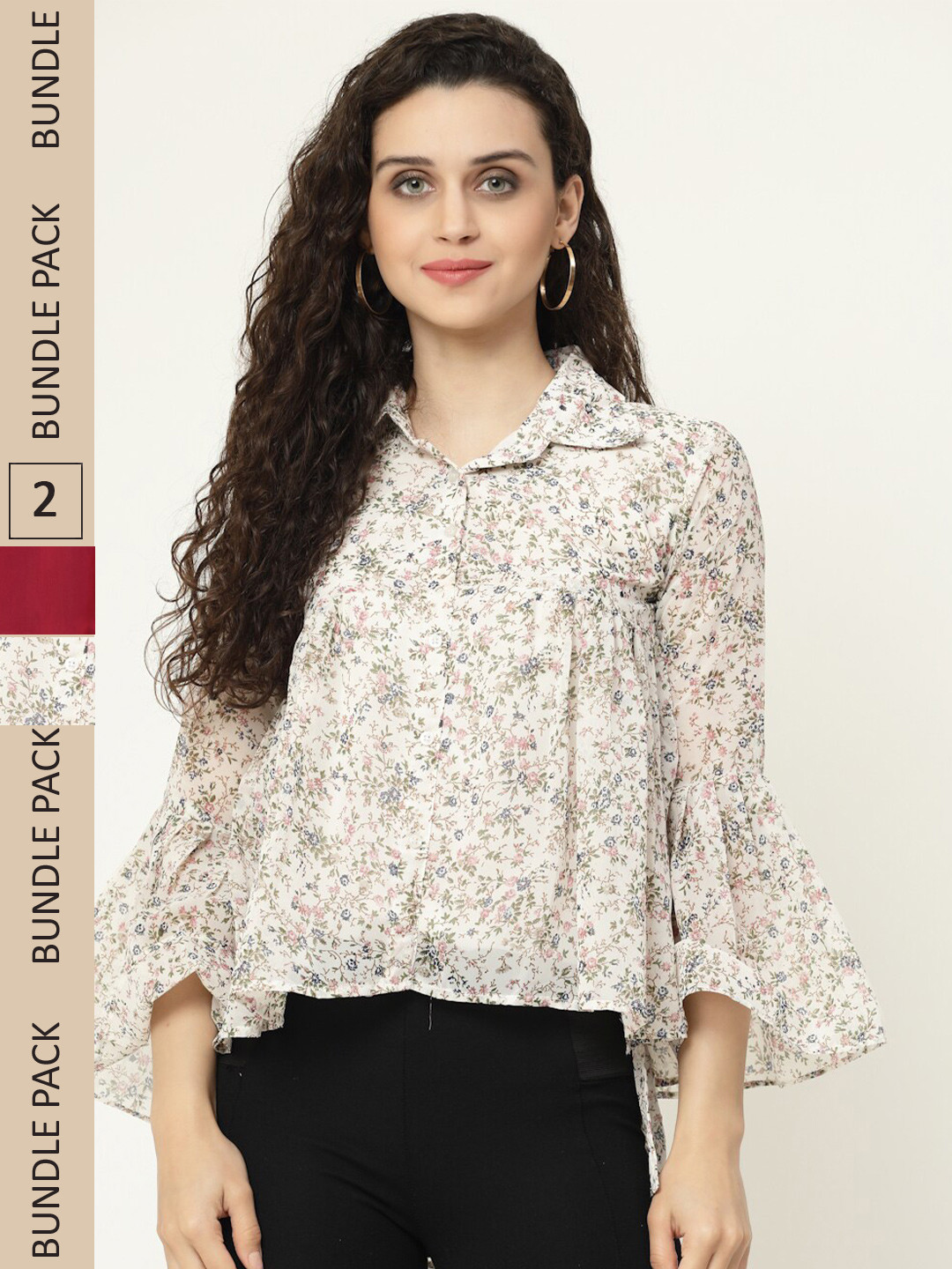 

MISS AYSE Pack of 2 Floral Print Georgette Shirt Style Tops, White