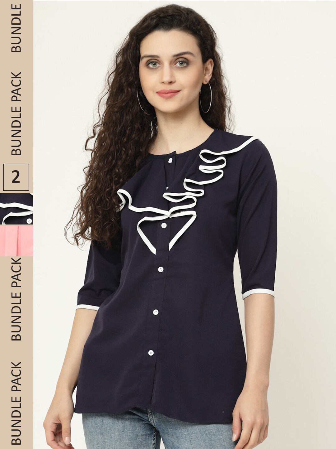 

MISS AYSE Pack of 2 Ruffles Georgette Tops, Navy blue