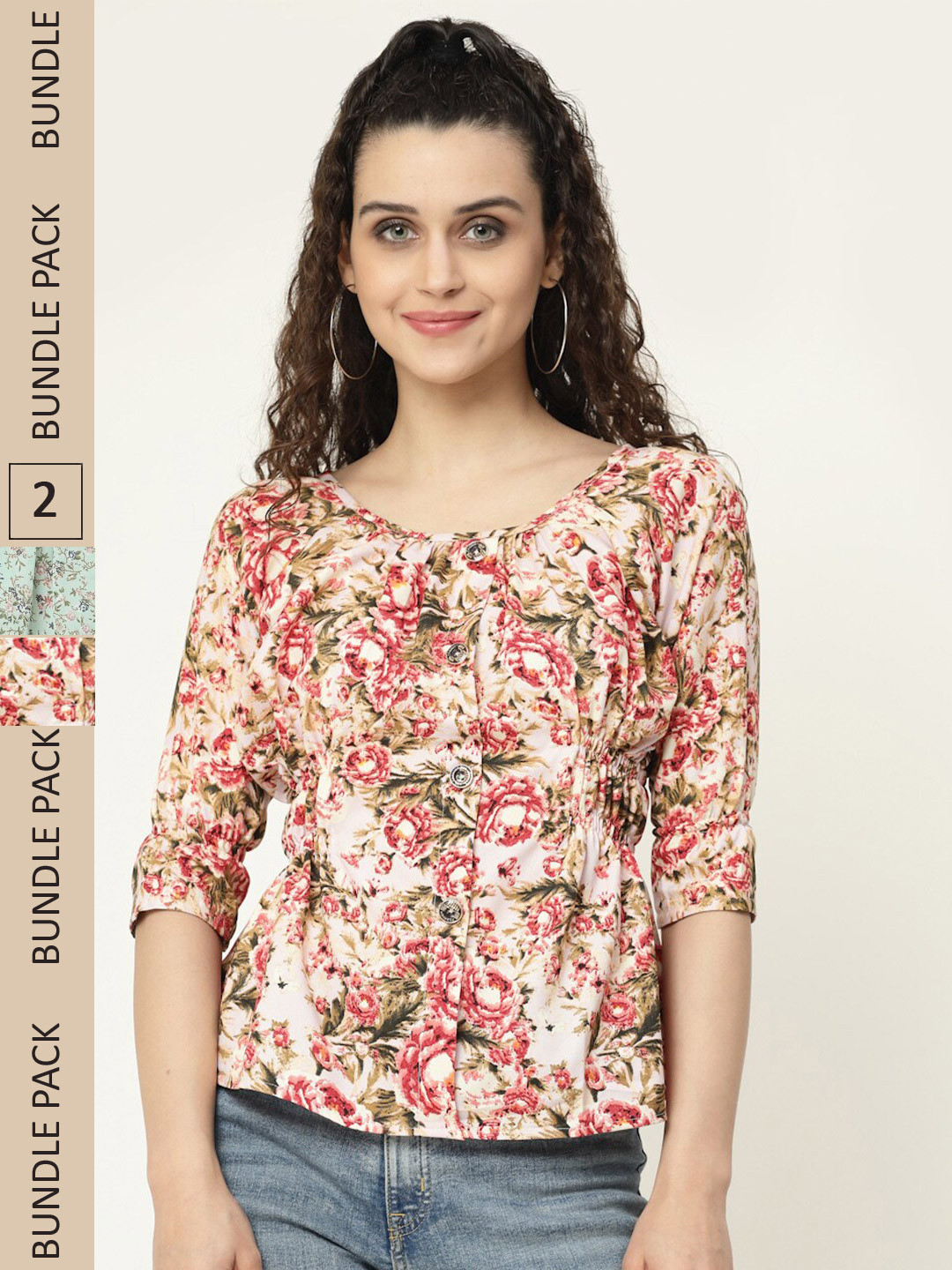 

MISS AYSE Pack of 2 Floral Printed Georgette Tops, Beige
