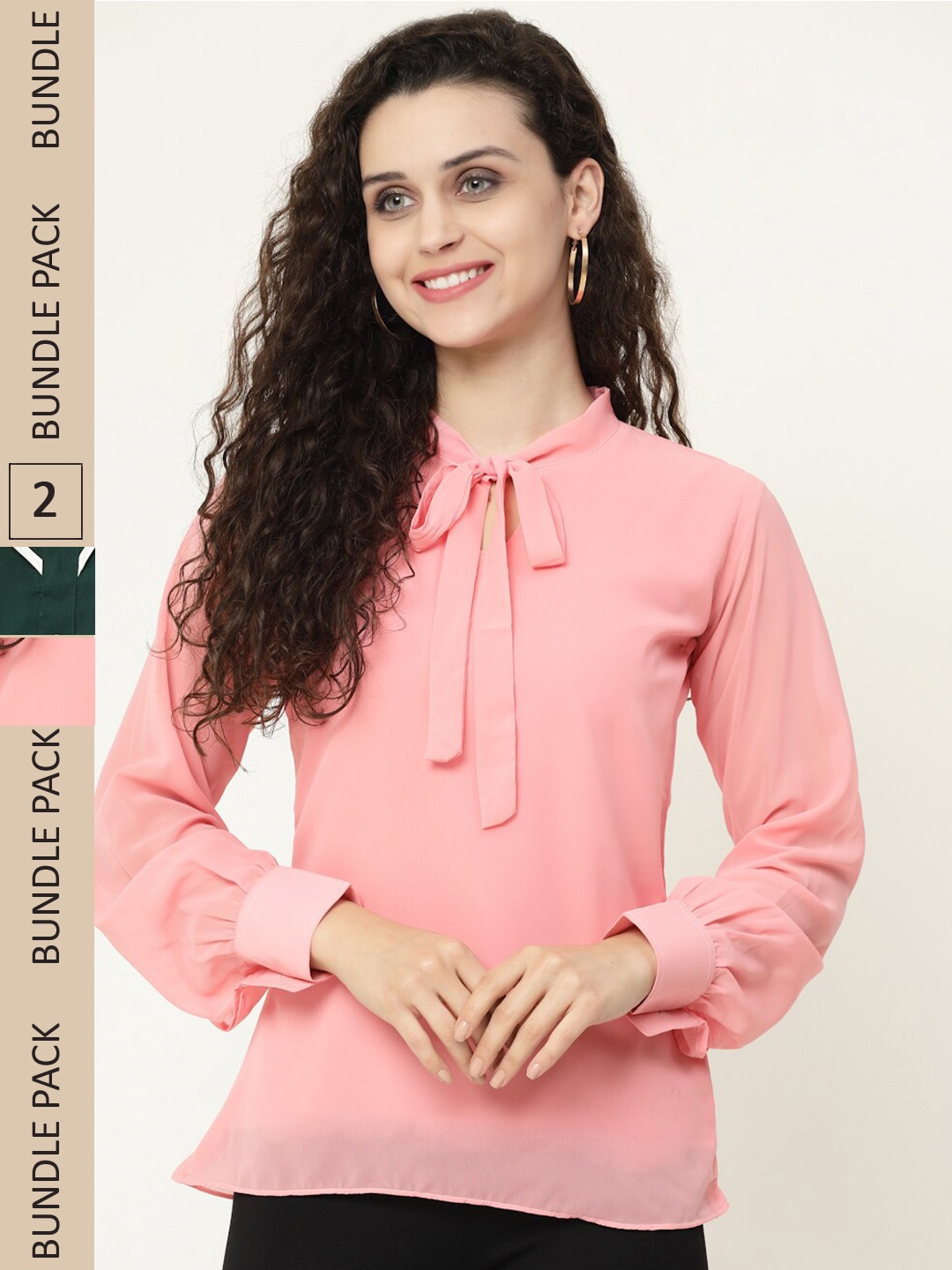 

MISS AYSE Pack of 2 Tie-Up Neck Georgette Tops, Pink