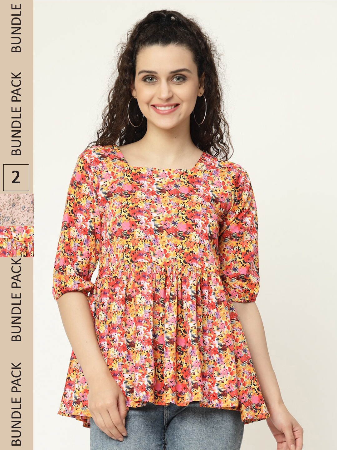 

MISS AYSE Pack Of 2 Floral Print Georgette Peplum Top, Peach