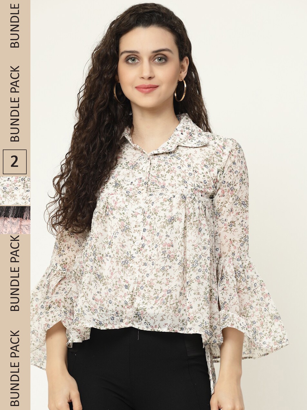 

MISS AYSE Pack Of 2 Print Georgette Shirt Style Top, White