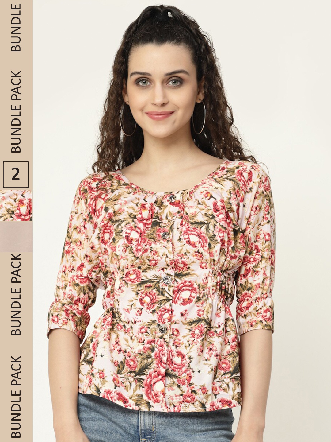 

MISS AYSE Pack Of 2 Floral Printed Round Neck Tops, Off white