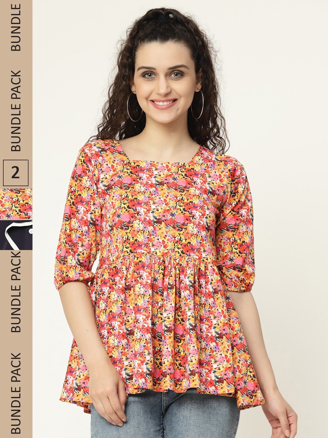 

MISS AYSE Pack Of 2 Floral Printed Square Neck Empire Tops, Yellow
