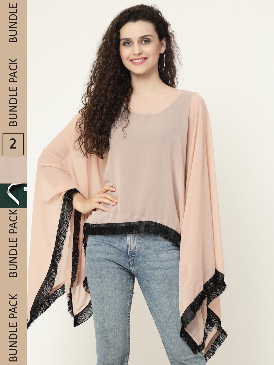 

MISS AYSE Pack Of 2 Boat Neck Kimono Sleeves Kaftan Tops, Peach