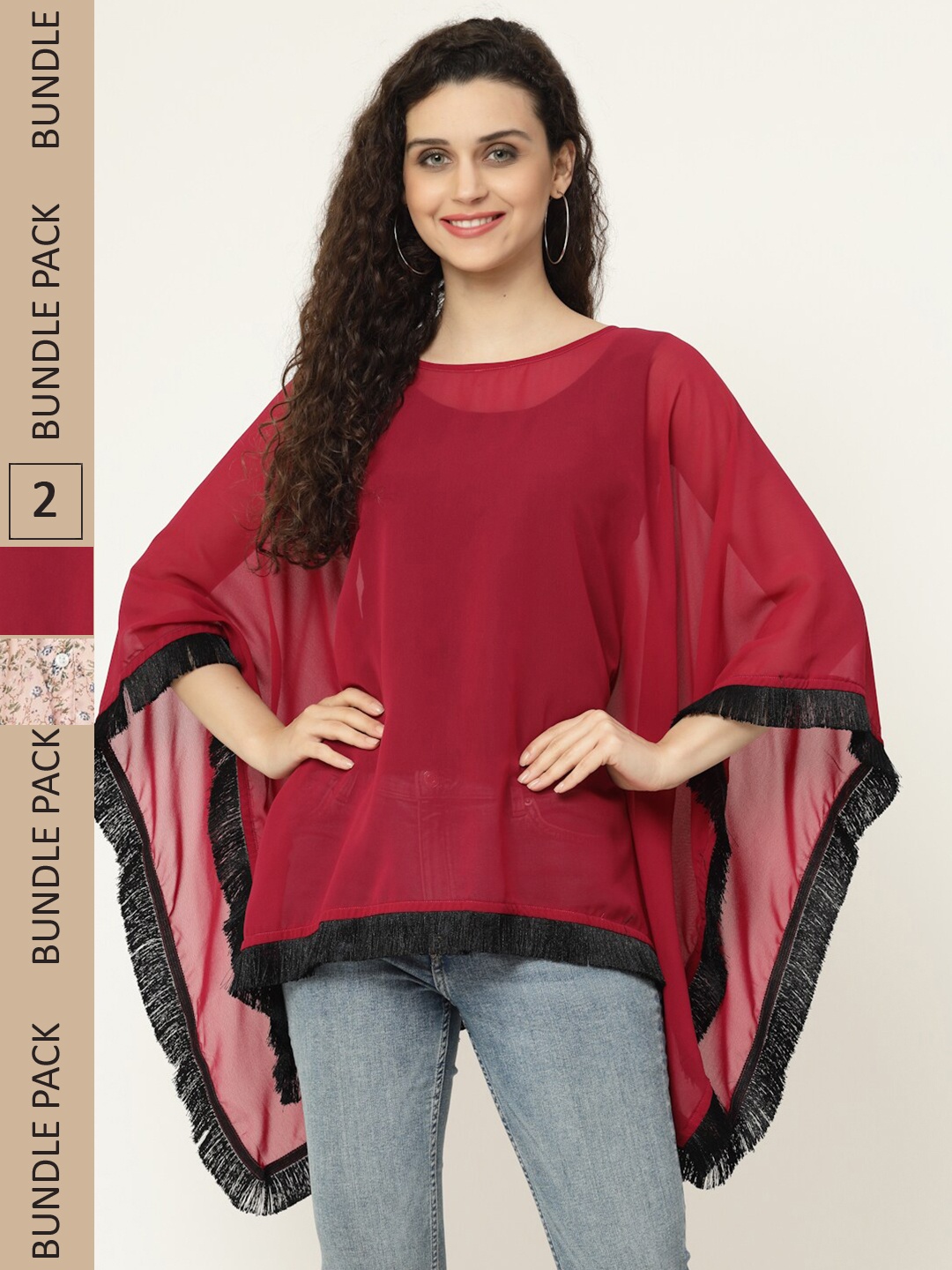 

MISS AYSE Pack Of 2 Boat Neck Kaftan Tops, Maroon