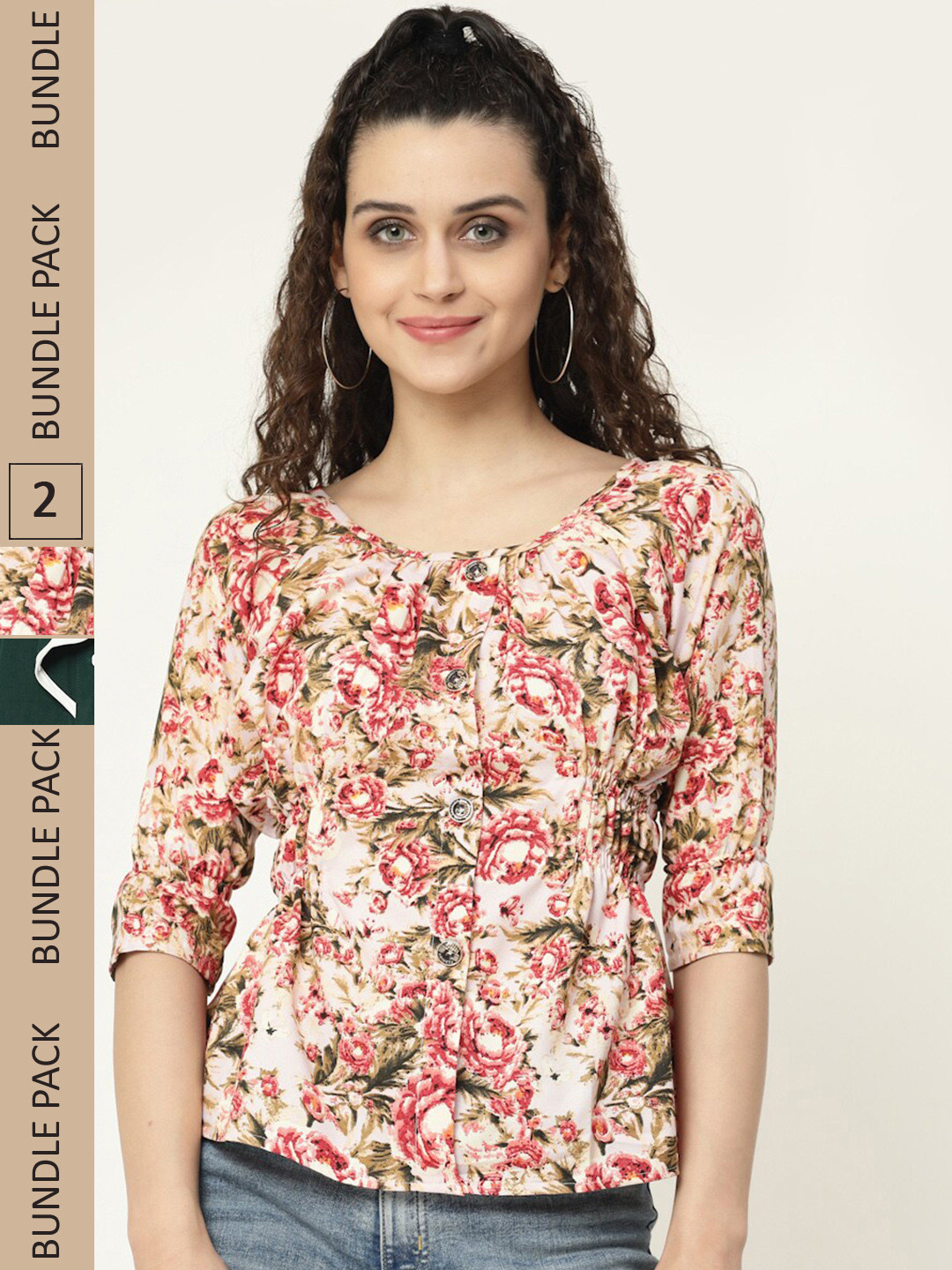 

MISS AYSE Pack Of 2 Floral Printed Round Neck Tops, Off white