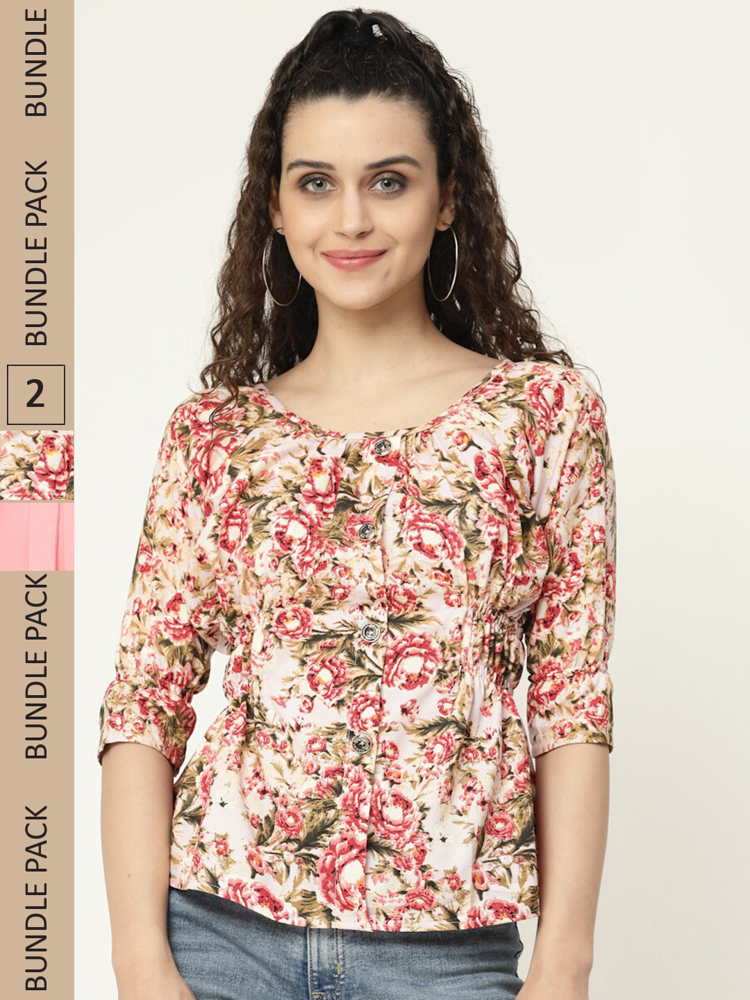 

MISS AYSE Pack Of 2 Floral Printed Round Neck Tops, Off white