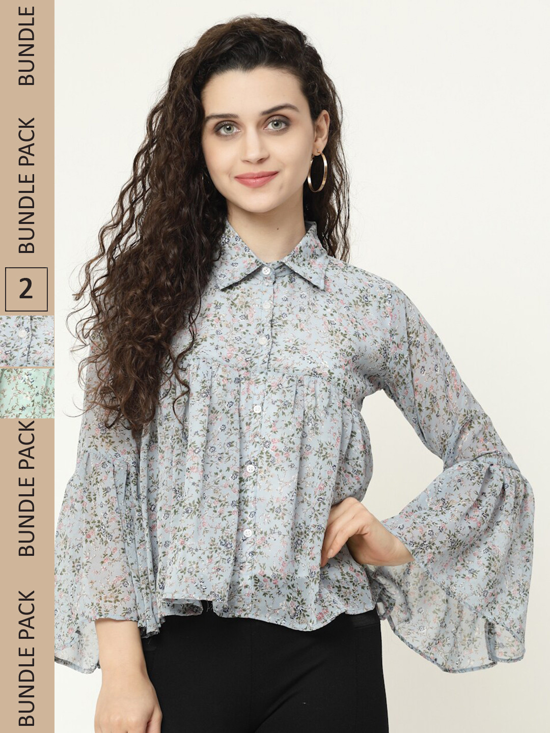 

MISS AYSE Pack Of 2 Floral Printed Shirt Style Tops, Turquoise blue