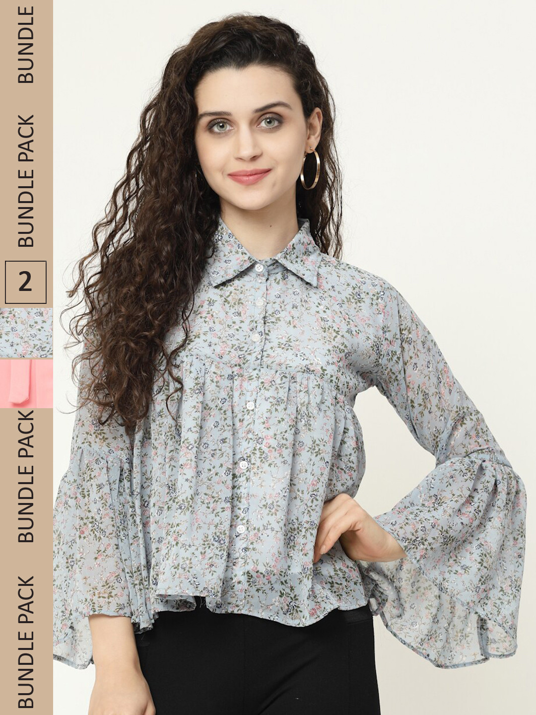 

MISS AYSE Pack Of 2 Floral Printed Shirt Style Tops, Turquoise blue